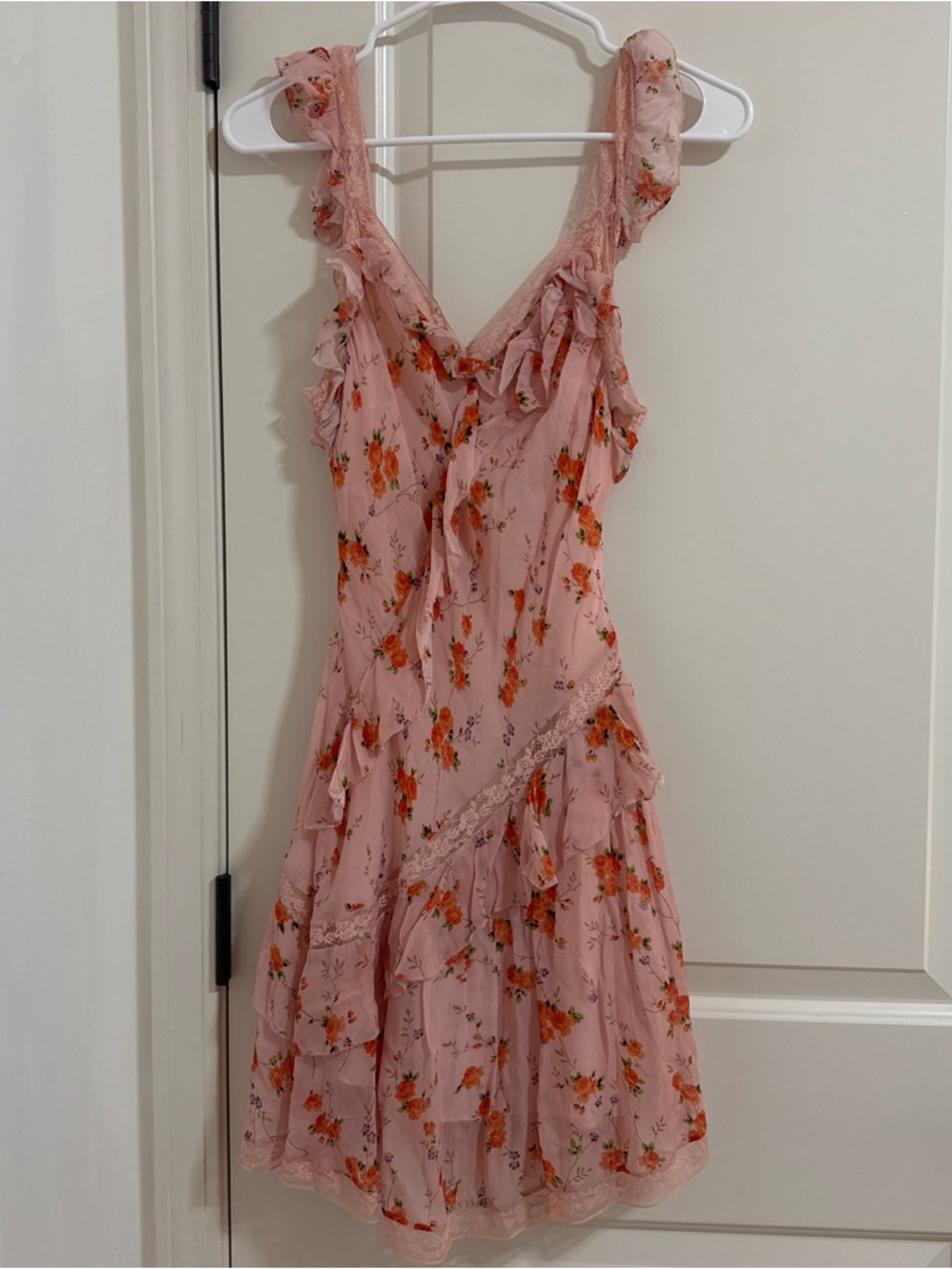 LoveShackFancy Pink Floral Ruffle-Trim Mini Dress